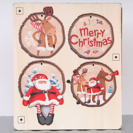 Set di 4 Pendagli in Legno Rotondi Babbo Natale - Mis. Ø Cm 10