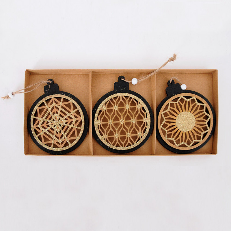 Set di 3 Pendagli in Legno Palline di Natale con Glitter