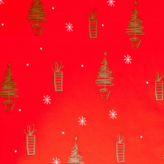 Foglio in Carta Regalo - Natale rosso con alberi oro