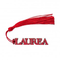 Scritte Laurea in Legno con Nappa Rossa - Confezione da 12PZ