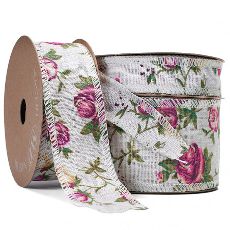 Nastro in Cotone Naturale con Stampa Rose - Nancy