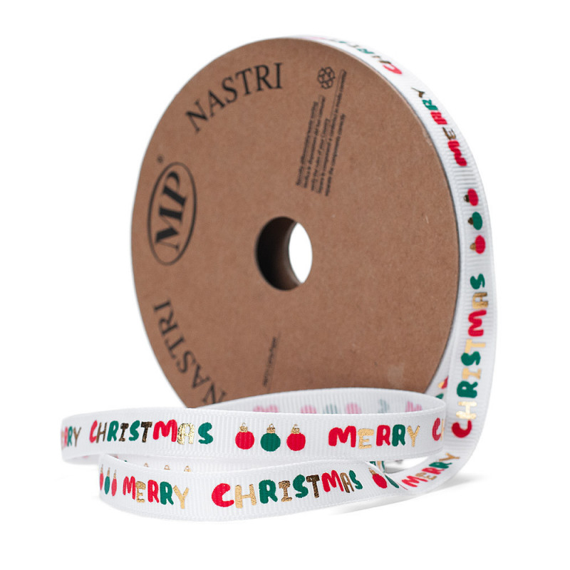 Nastro in Gros Grain - Funny Merry Xmas Bianco, Mis. Cm 1x20mt