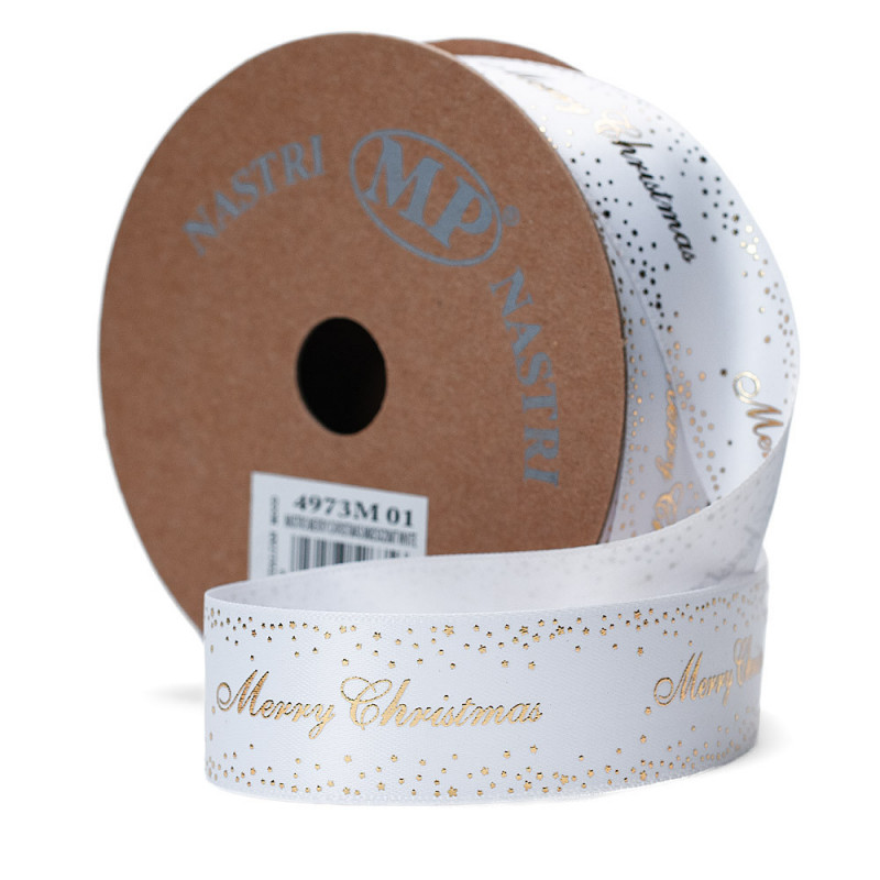 Nastro in Doppio Raso - Merry Christmas in Oro, Mis. Cm 2,5x20mt