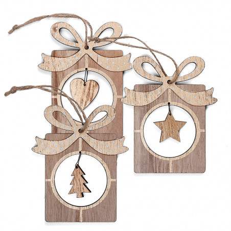 Pendagli in Legno Pacco Regalo - Mis. Cm 6,5x11H, Confezione da 3Pz Assortiti