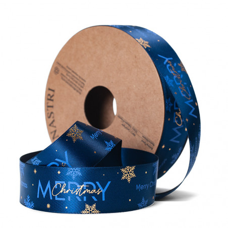 Nastro in Doppio Raso con Stampa Merry Christmas con Fiocchi di Neve - Mis. Cm 2,5x10mt