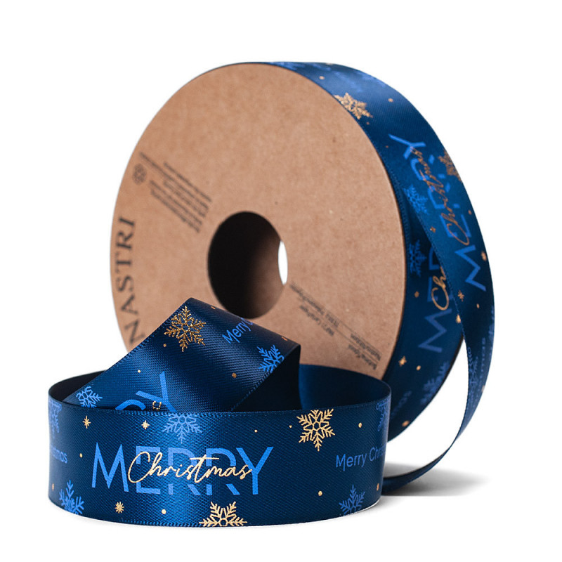 Nastro in Doppio Raso con Stampa Merry Christmas con Fiocchi di Neve - Mis. Cm 2,5x10mt